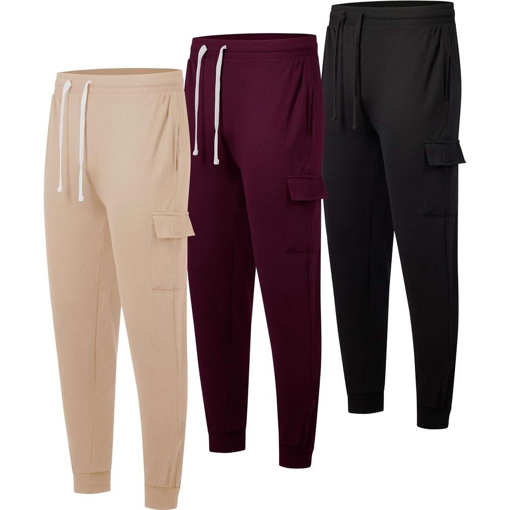image:image3 Pack Mens Fleece Cargo Joggers Sweatpants Cuffed Athletic Gym PocketsSet 5