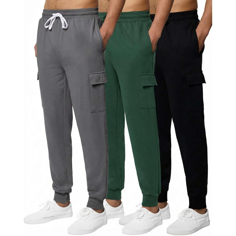 image:image3 Pack Mens Fleece Cargo Joggers Sweatpants Cuffed Athletic Gym PocketsSet 6