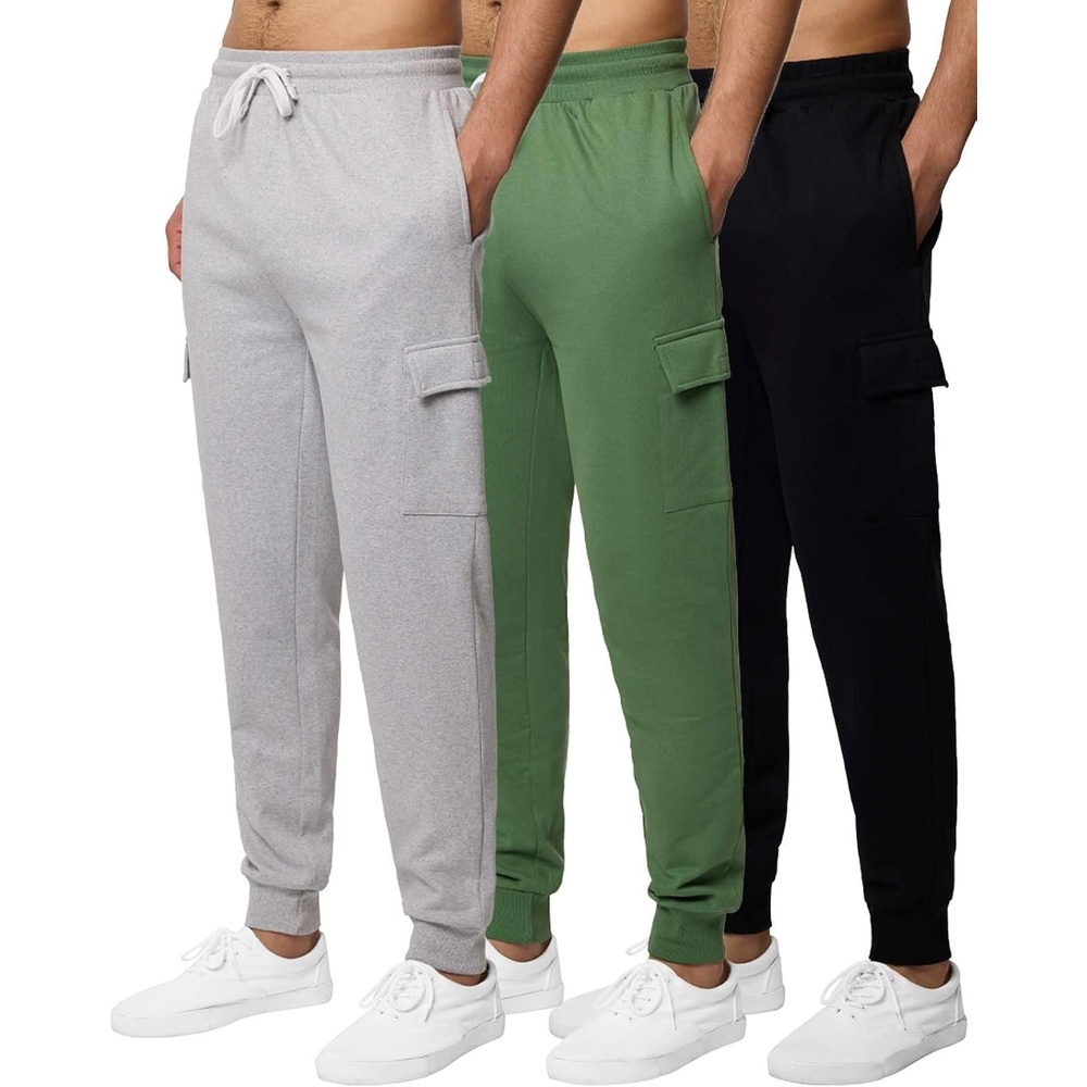 image:image3 Pack Mens Fleece Cargo Joggers Sweatpants Cuffed Athletic Gym PocketsSet 8