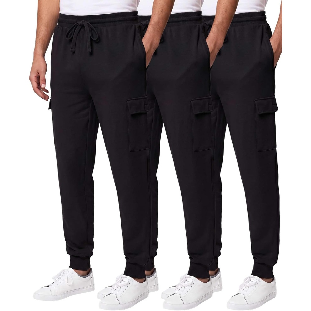 image:image3 Pack Mens Fleece Cargo Joggers Sweatpants Cuffed Athletic Gym PocketsSolid Black Solid Black Solid Black