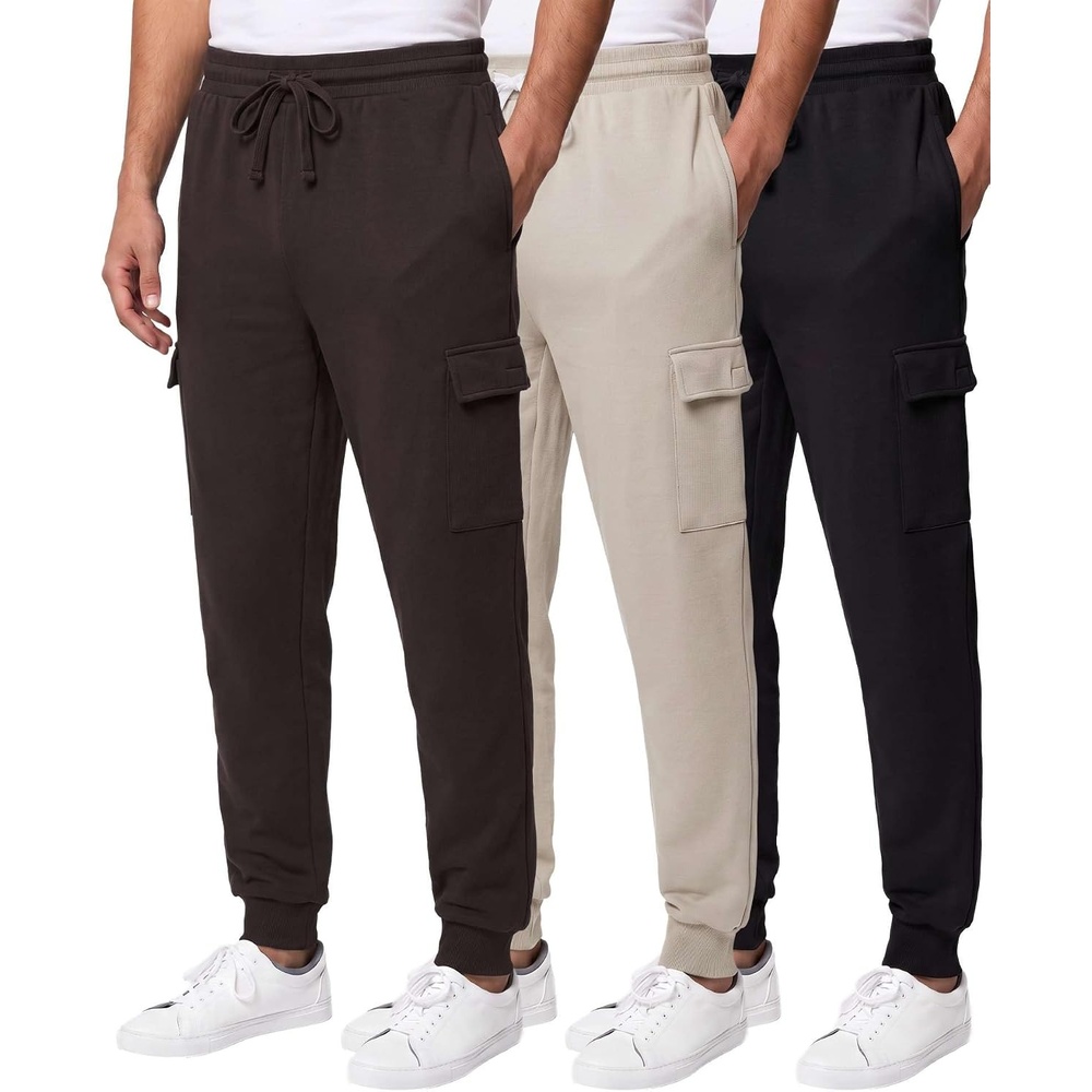 image:image3 Pack Mens Fleece Cargo Joggers Sweatpants Cuffed Athletic Gym PocketsSolid Black Solid Chocolate Torte Solid Moonbeam