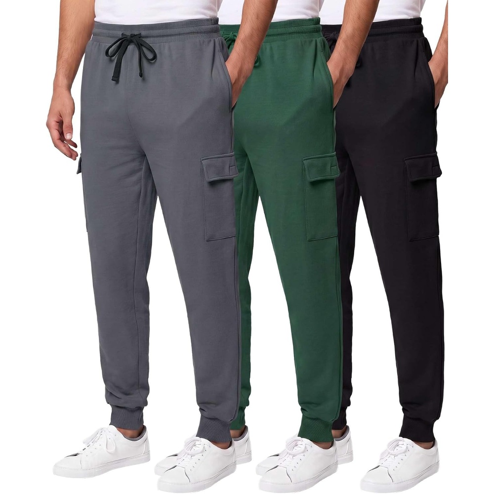 image:image3 Pack Mens Fleece Cargo Joggers Sweatpants Cuffed Athletic Gym PocketsSolid Black Solid Hunter Green Solid Quiet Shade