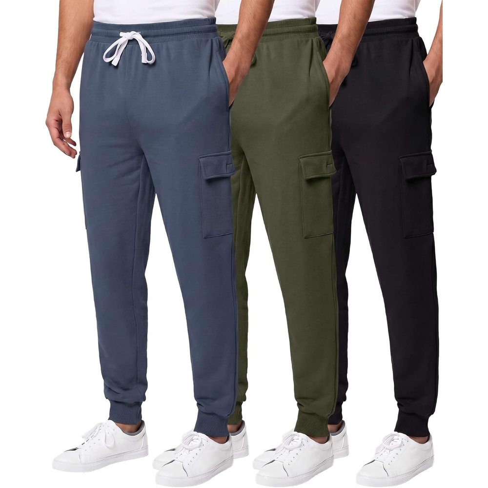 image:image3 Pack Mens Fleece Cargo Joggers Sweatpants Cuffed Athletic Gym PocketsSolid Black Solid Olive Night Solid Vintage Indigo
