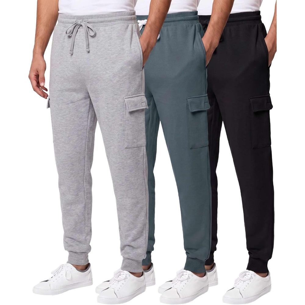 image:image3 Pack Mens Fleece Cargo Joggers Sweatpants Cuffed Athletic Gym PocketsSolid Black Solid Stormy Weather Grey Heather