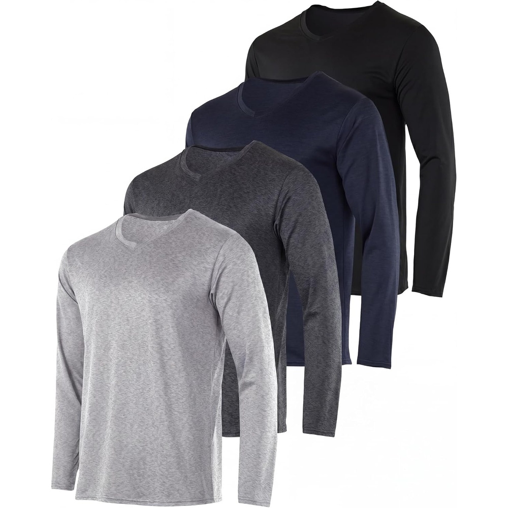 image:image4 Pack Mens Dry Fit Long Sleeve V Neck T Shirts Athletic Workout Gym TeesSet 16