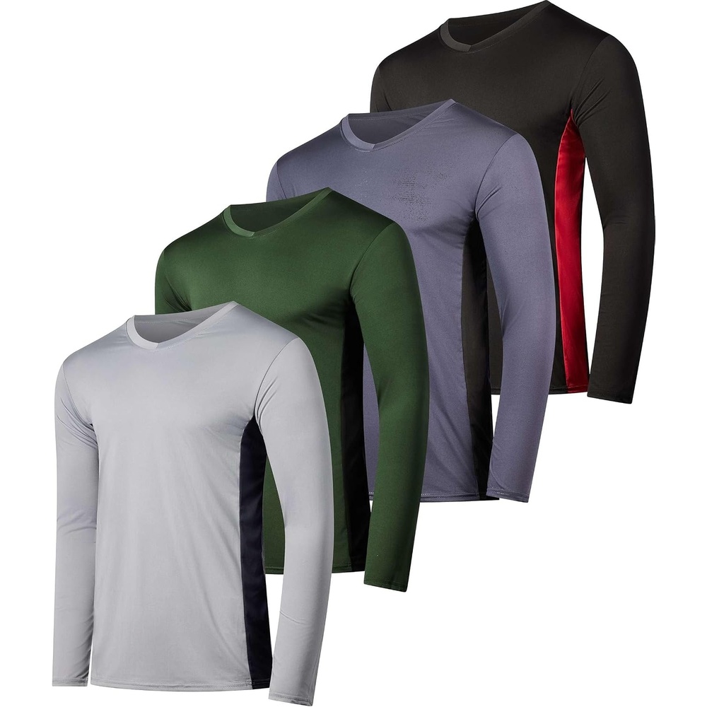image:image4 Pack Mens Dry Fit Long Sleeve V Neck T Shirts Athletic Workout Gym TeesSet 4