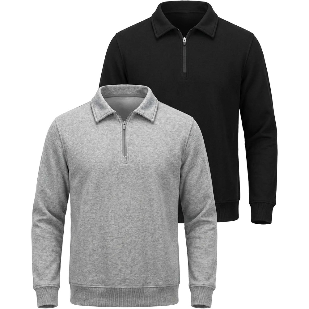 image:imageReal Essentials Mens LS Fleece Collared Quarter ZipSolid Black Grey Heather