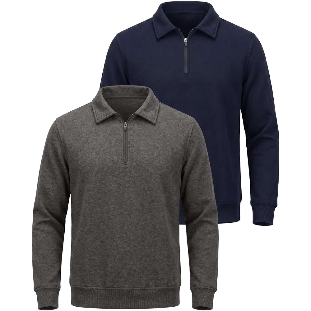 image:imageReal Essentials Mens LS Fleece Collared Quarter ZipSolid Navy Blazer  Charcoal Heather