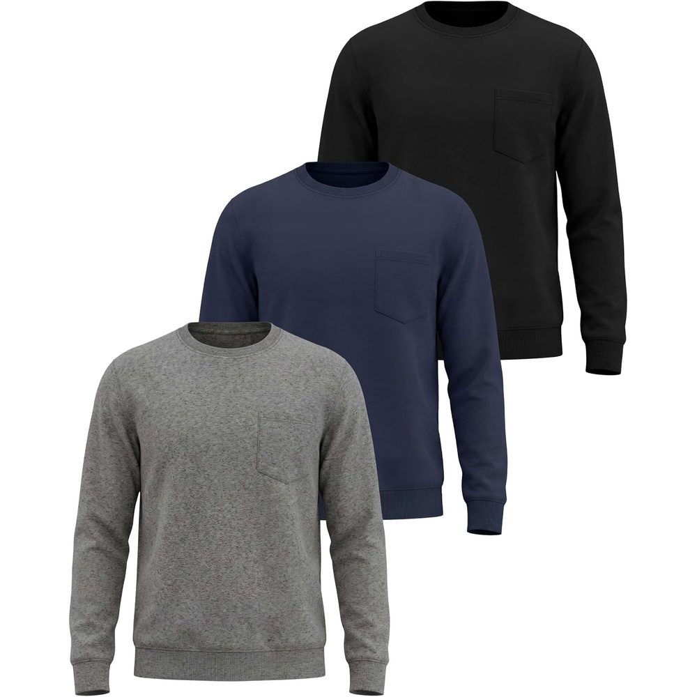 image:imageReal Essentials Mens LS Fleece Crew with PocketSolid Black  Solid Navy Blazer  Charcoal Heather