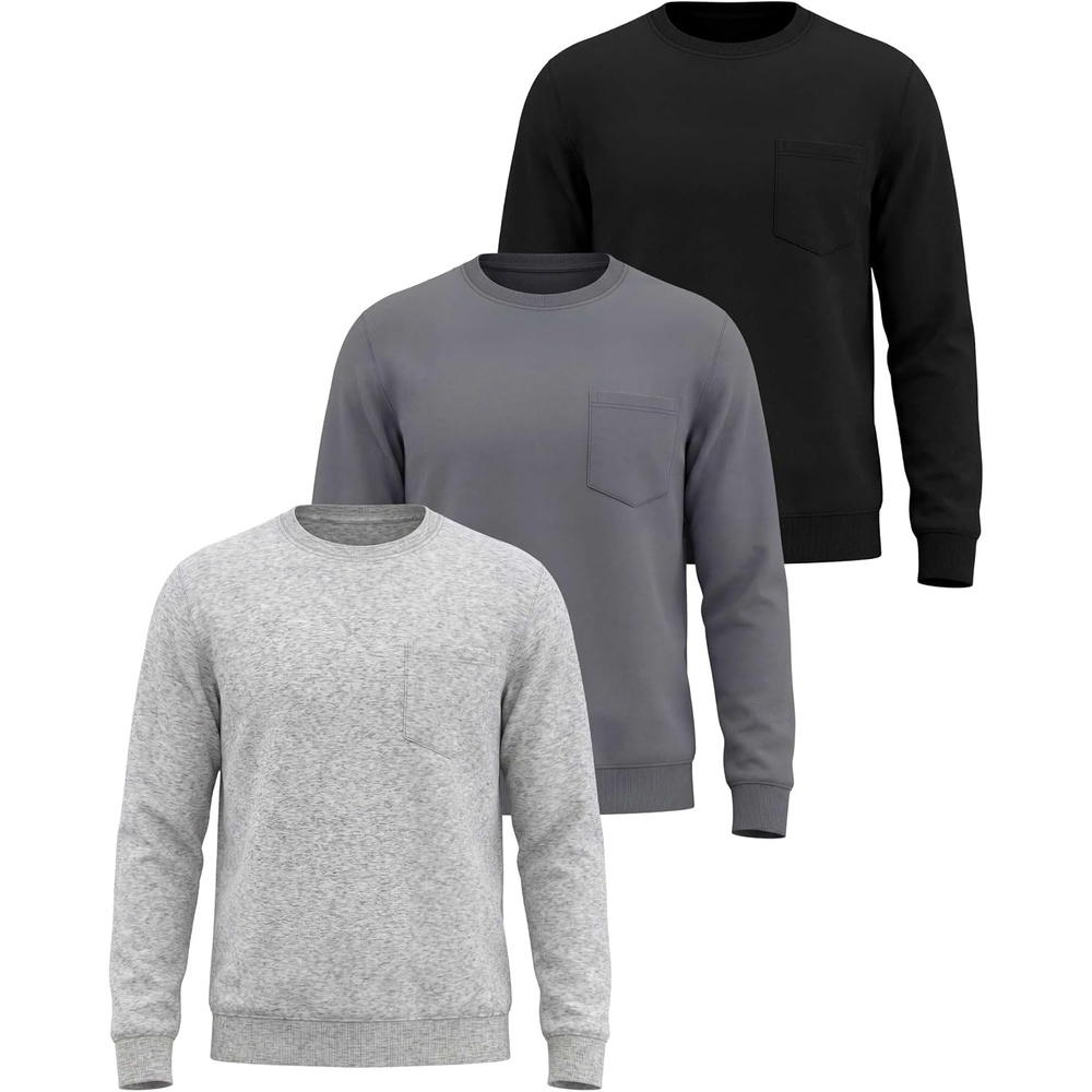 image:imageReal Essentials Mens LS Fleece Crew with PocketSolid Black  Solid Quiet Shade  Grey Heather