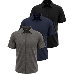 3 Pack Men’s Cotton Short Sleeve Button Down Casual Work Shirt Button Up(Solid Black  Solid Navy Blazer  Charcoal Heather)