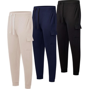 3 Pack Mens Fleece Cargo Joggers Sweatpants Cuffed Athletic Gym Pockets(Set 1)