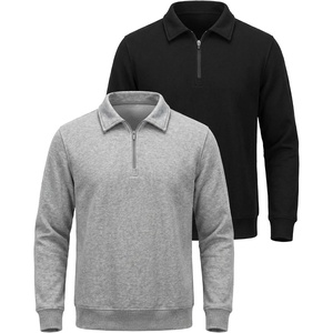 Real Essentials Mens LS Fleece Collared Quarter Zip(Solid Black  Grey Heather)