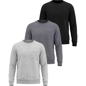 Real Essentials Mens LS Fleece Crew with Pocket(Solid Black  Solid Quiet Shade  Grey Heather)
