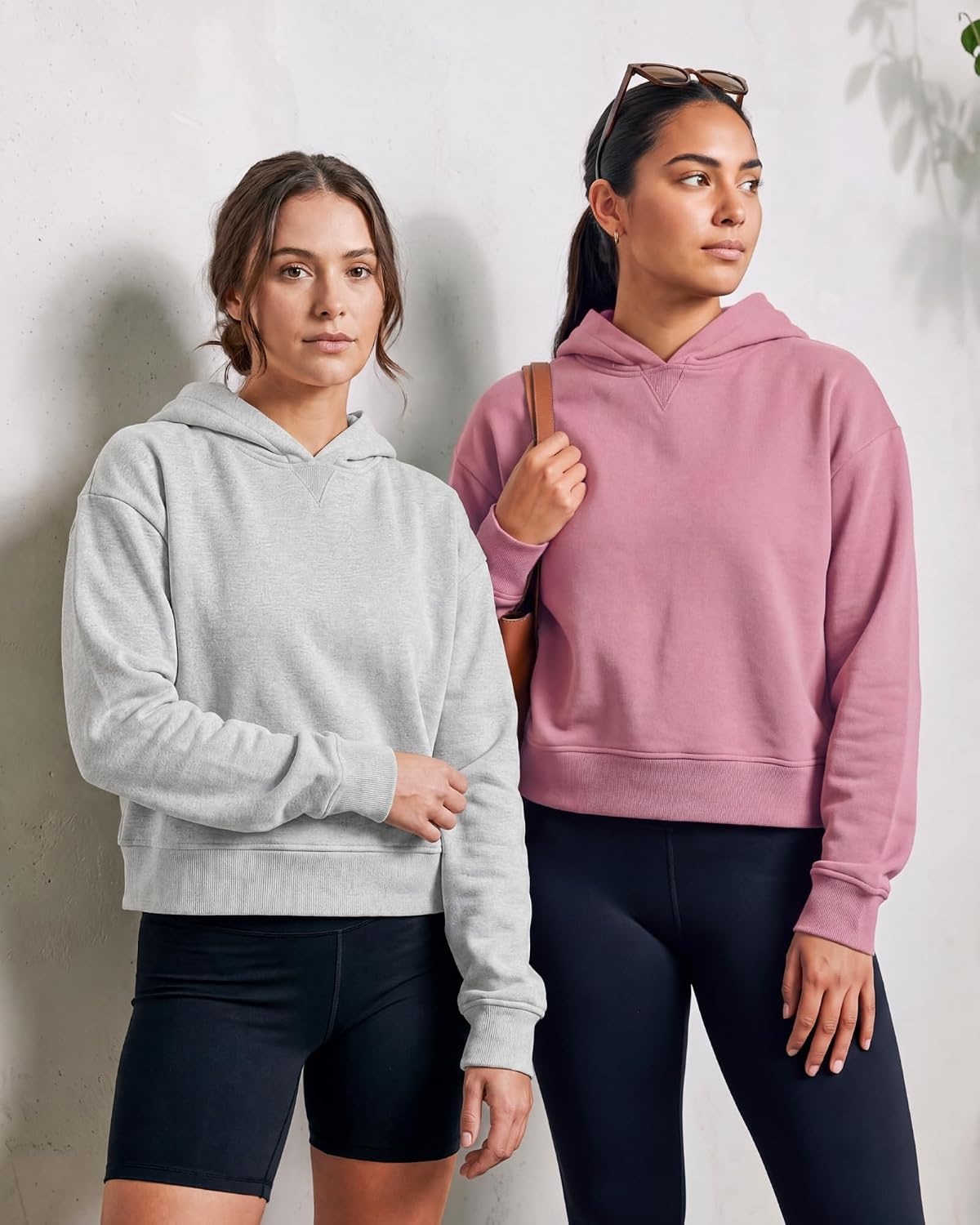 image:image2 Pack Womens Cropped Hoodies Crop Sweatshirt Ladies Fleece Pullover TopGrey Heather Solid Cashmere Rose