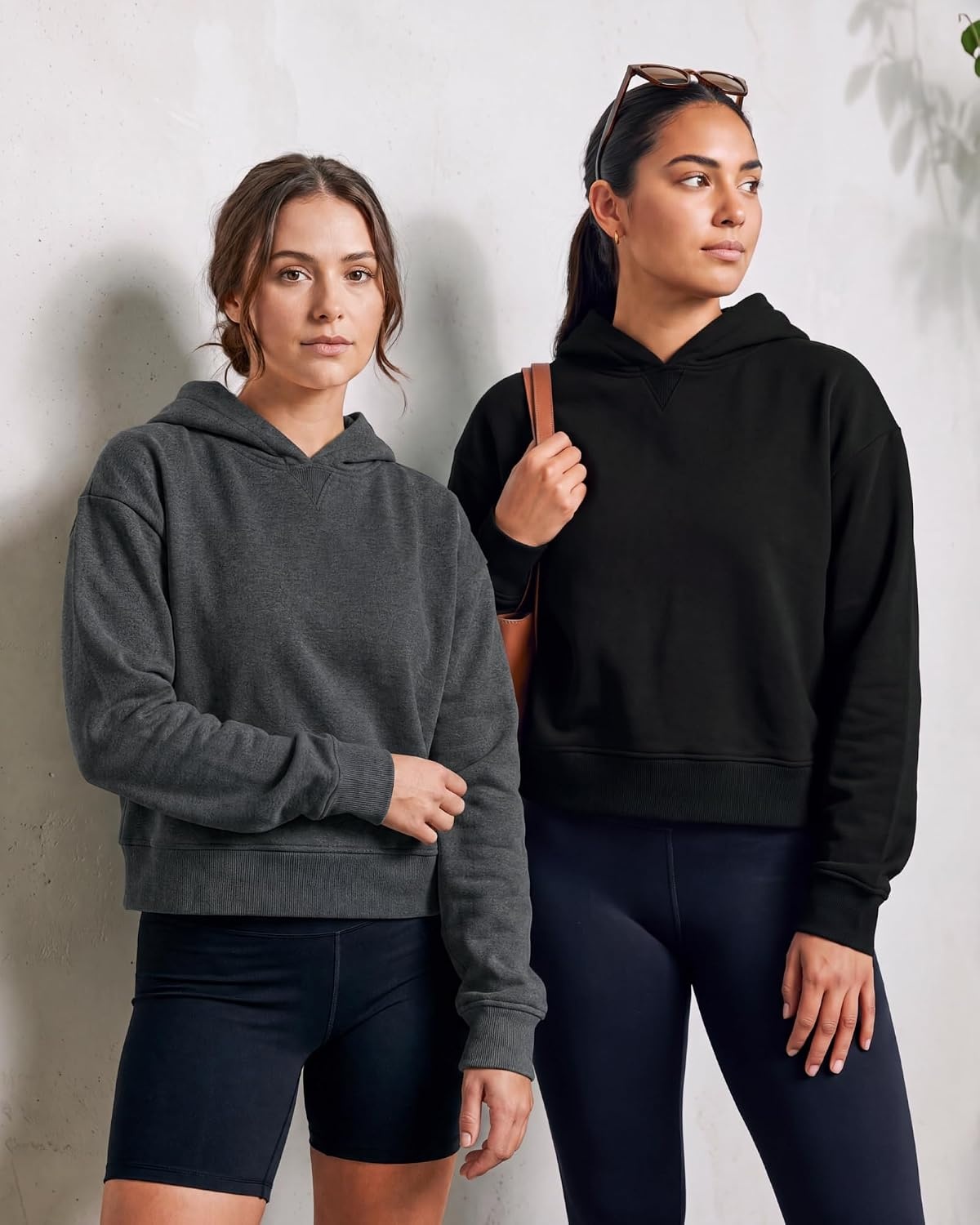 image:image2 Pack Womens Cropped Hoodies Crop Sweatshirt Ladies Fleece Pullover TopSolid Black Charcoal Heather