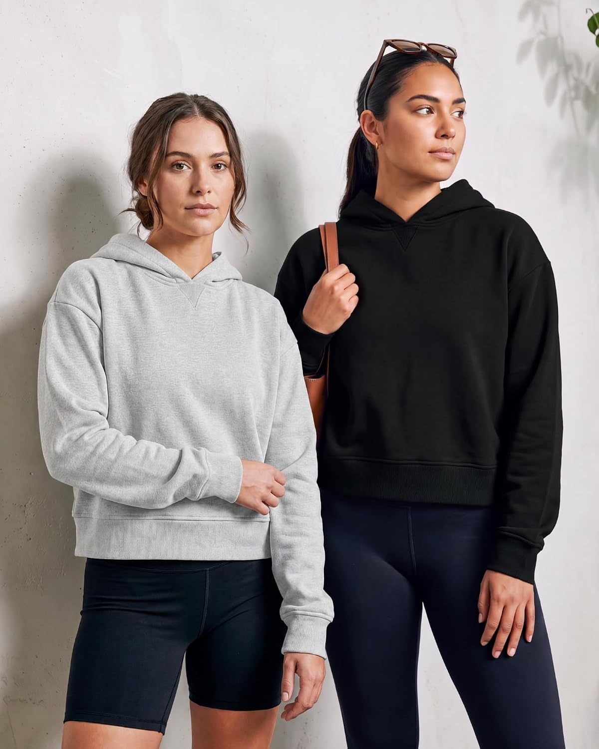 image:image2 Pack Womens Cropped Hoodies Crop Sweatshirt Ladies Fleece Pullover TopSolid Black Grey Heather