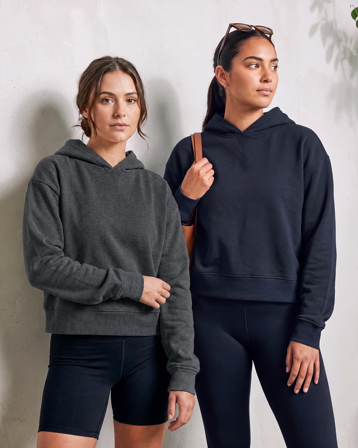 image:image2 Pack Womens Cropped Hoodies Crop Sweatshirt Ladies Fleece Pullover TopSolid Navy Blazer Charcoal Heather