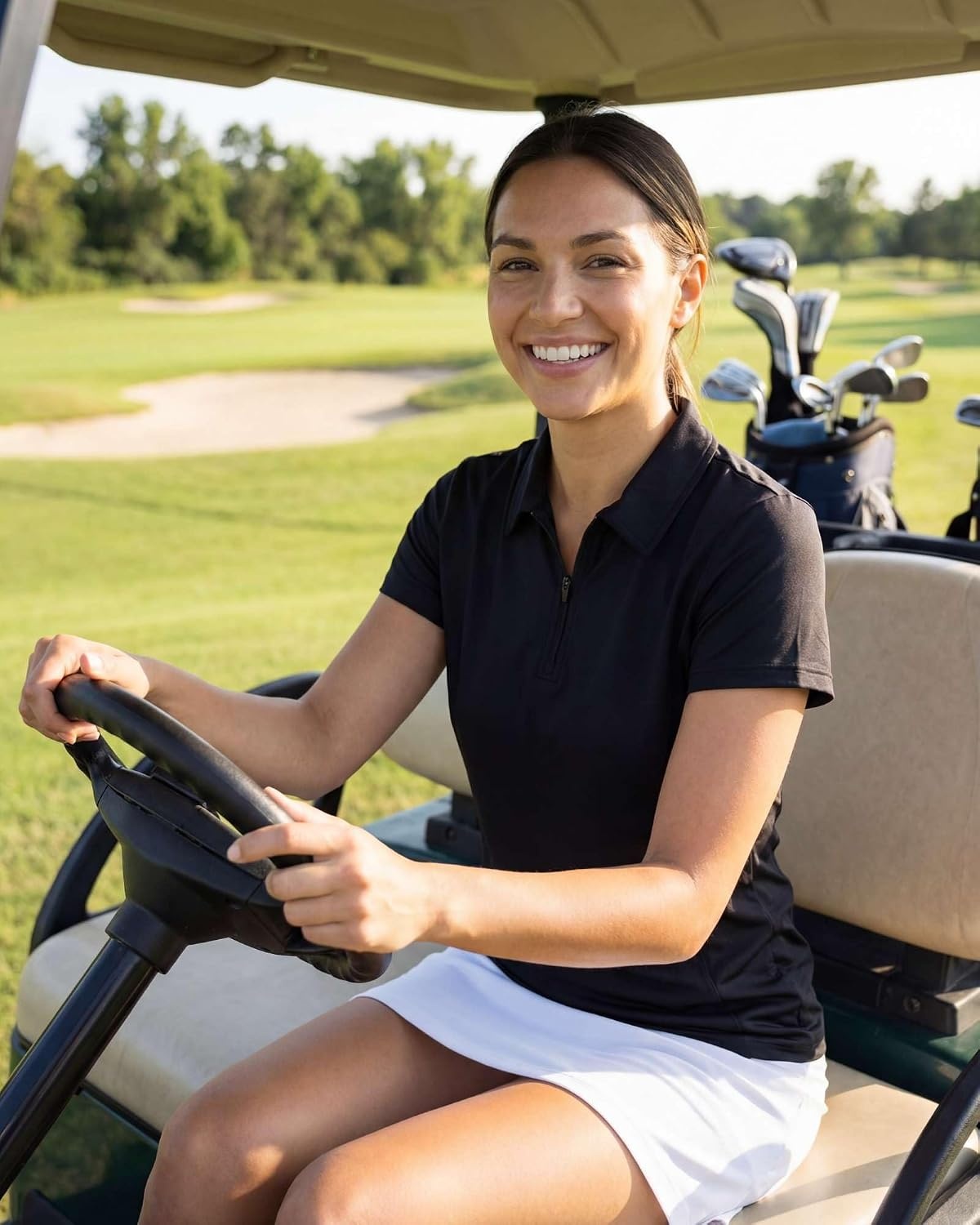 image:image3 Pack Womens Dry Fit Golf Polo Shirts with Zipper Short Sleeve CollaredSolid Black Solid Navy Blazer Solid Quiet Shade