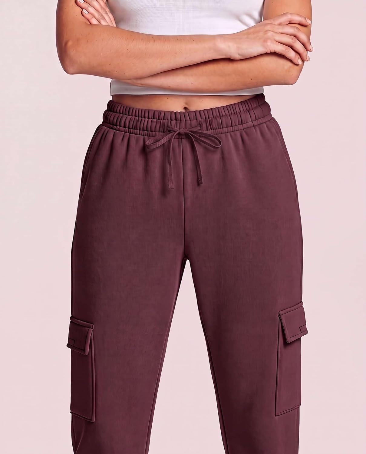 image:image3 Pack Womens Fleece Cargo Sweatpants Lounge Casual Sweat Pants PocketsSolid Black Solid Burgundy Grey Heather