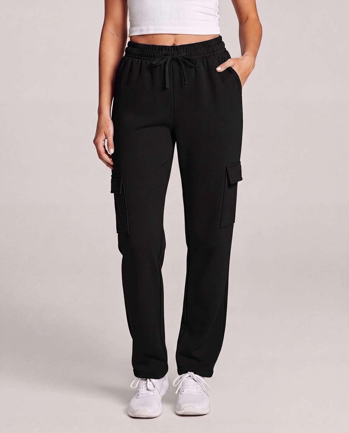 image:image3 Pack Womens Fleece Cargo Sweatpants Lounge Casual Sweat Pants PocketsSolid Black Solid Chocolate Torte Solid Moonbeam