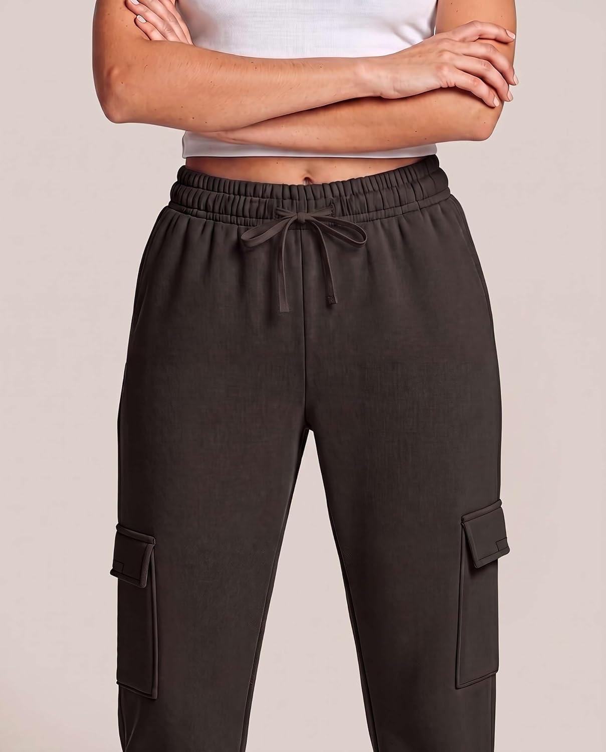 image:image3 Pack Womens Fleece Cargo Sweatpants Lounge Casual Sweat Pants PocketsSolid Black Solid Chocolate Torte Solid Moonbeam