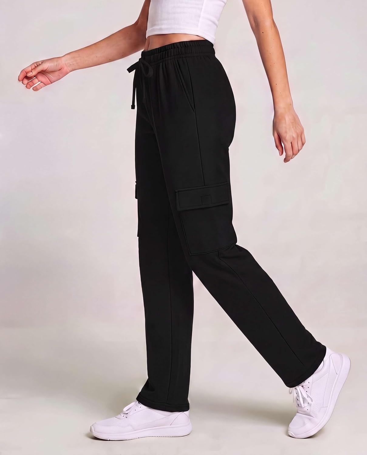 image:image3 Pack Womens Fleece Cargo Sweatpants Lounge Casual Sweat Pants PocketsSolid Black Solid Chocolate Torte Solid Moonbeam