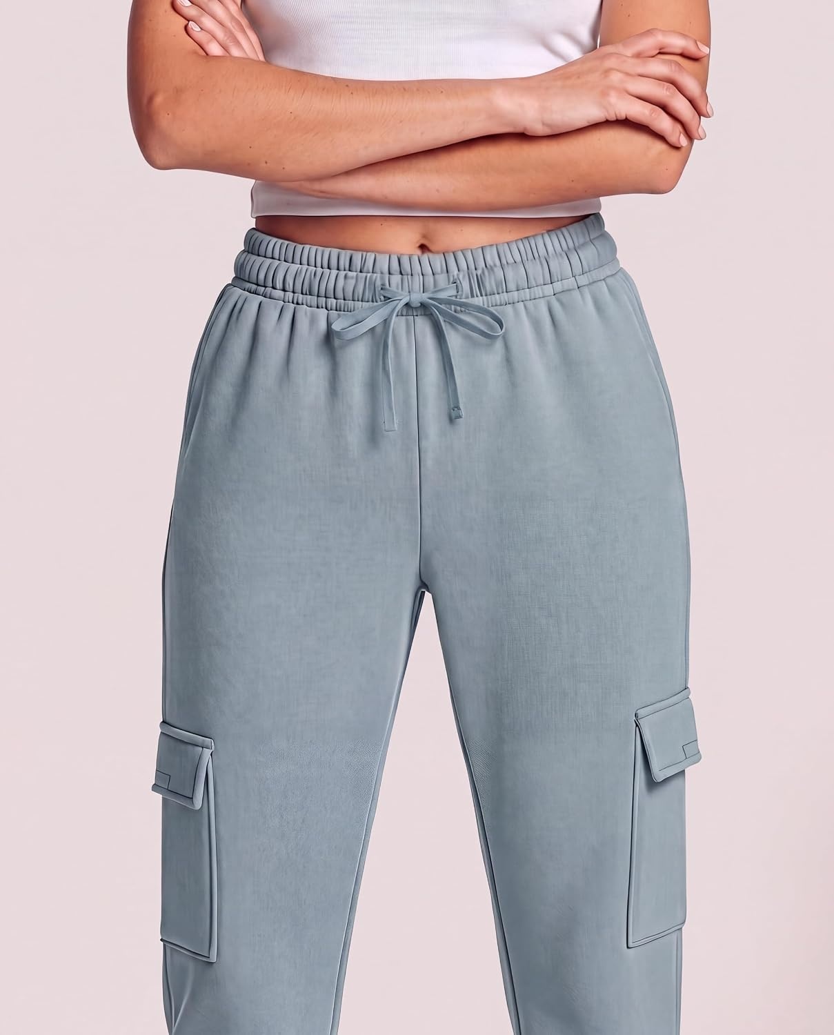 image:image3 Pack Womens Fleece Cargo Sweatpants Lounge Casual Sweat Pants PocketsSolid Black Solid Citadel Solid Pale Lilac