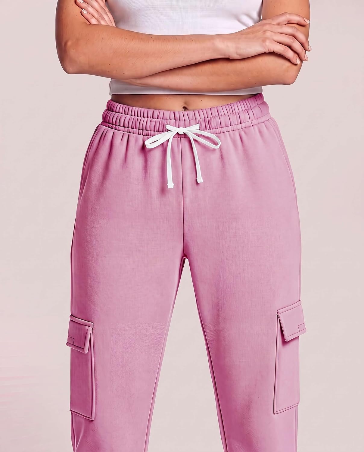 image:image3 Pack Womens Fleece Cargo Sweatpants Lounge Casual Sweat Pants PocketsSolid Black Solid Moonlight Mauve Grey Heather