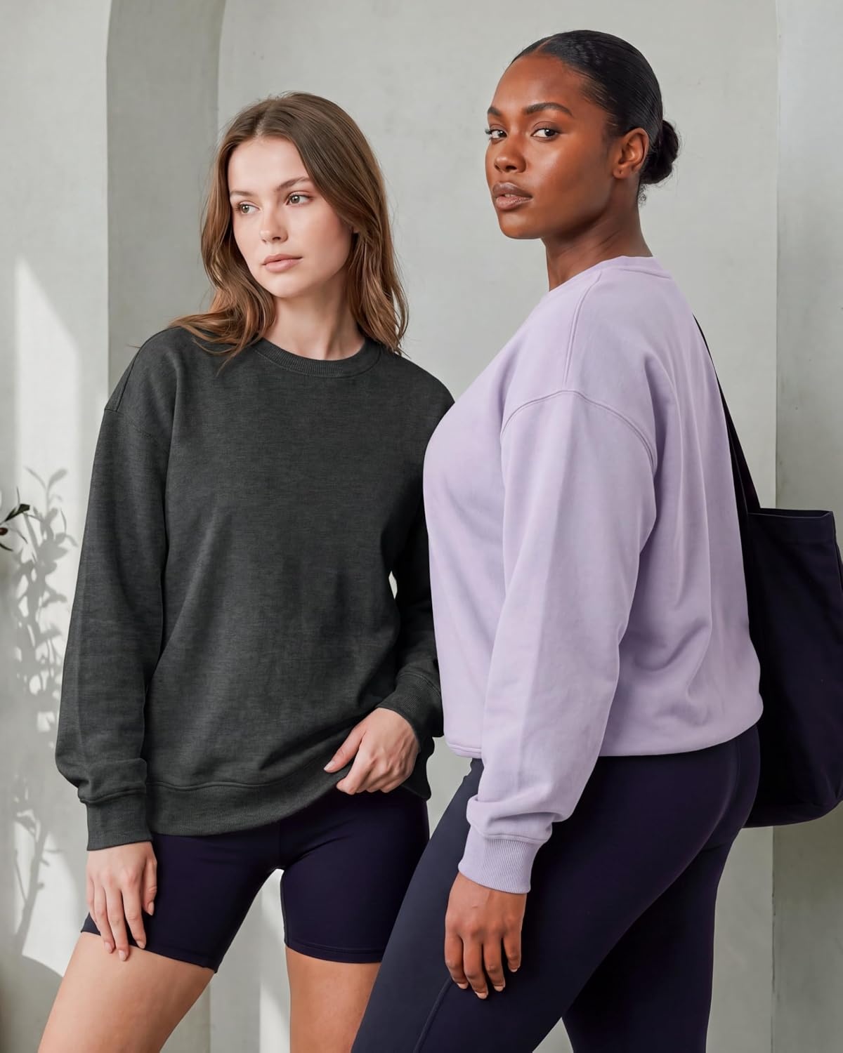 image:imageReal Essentials Ladies LS Fleece Oversized Crew Neck SweatshirtSolid Black Charcoal Heather Solid Orchid Petal