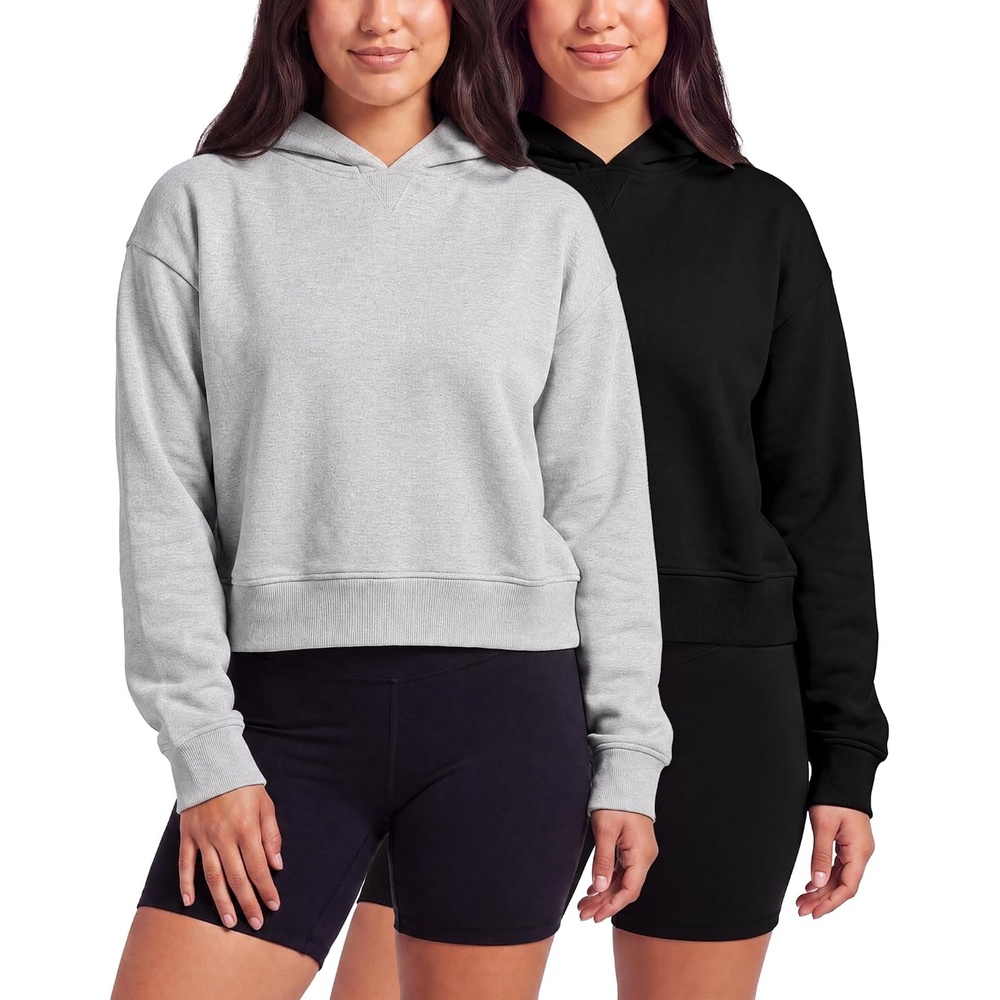 image:image2 Pack Womens Cropped Hoodies Crop Sweatshirt Ladies Fleece Pullover TopSolid Black Grey Heather