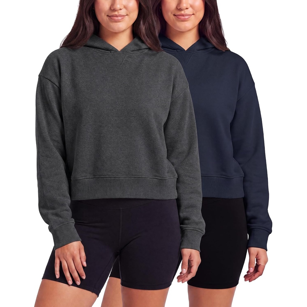 image:image2 Pack Womens Cropped Hoodies Crop Sweatshirt Ladies Fleece Pullover TopSolid Navy Blazer Charcoal Heather