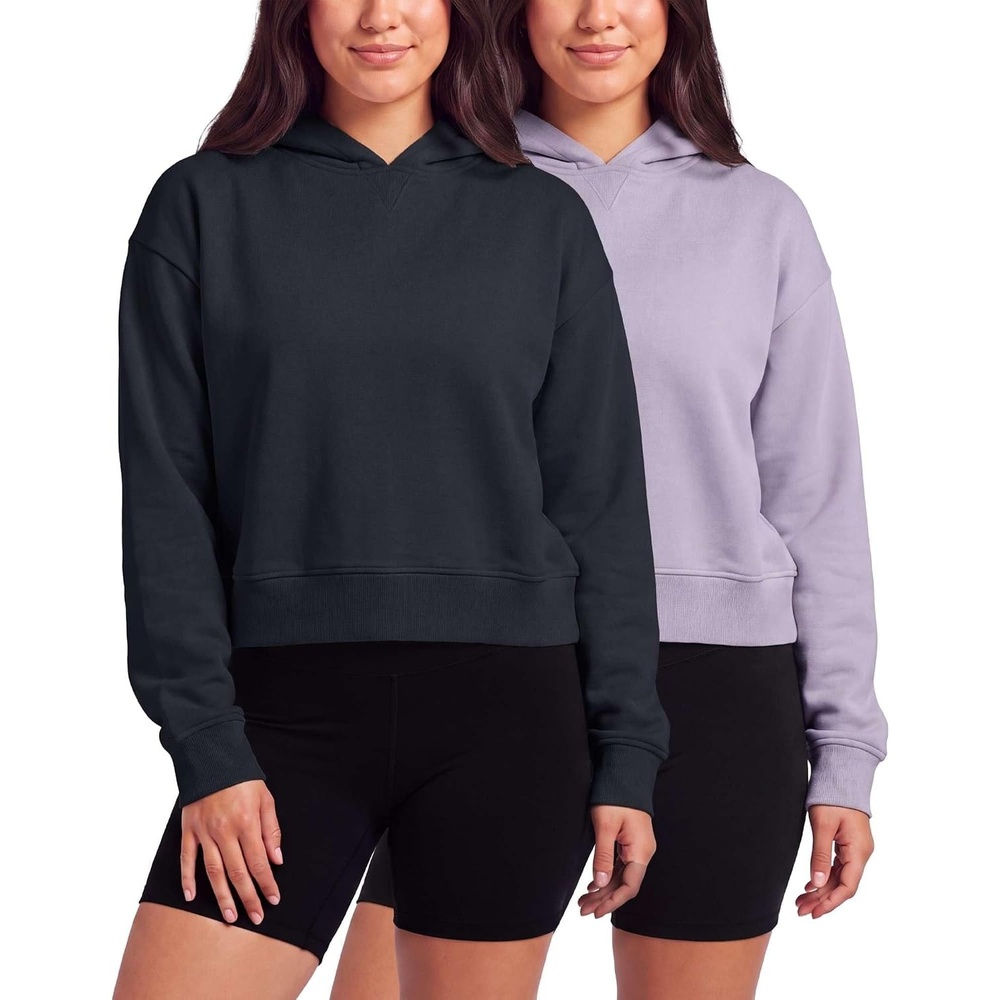 image:image2 Pack Womens Cropped Hoodies Crop Sweatshirt Ladies Fleece Pullover TopSolid Polar Night Solid Orchid Petal