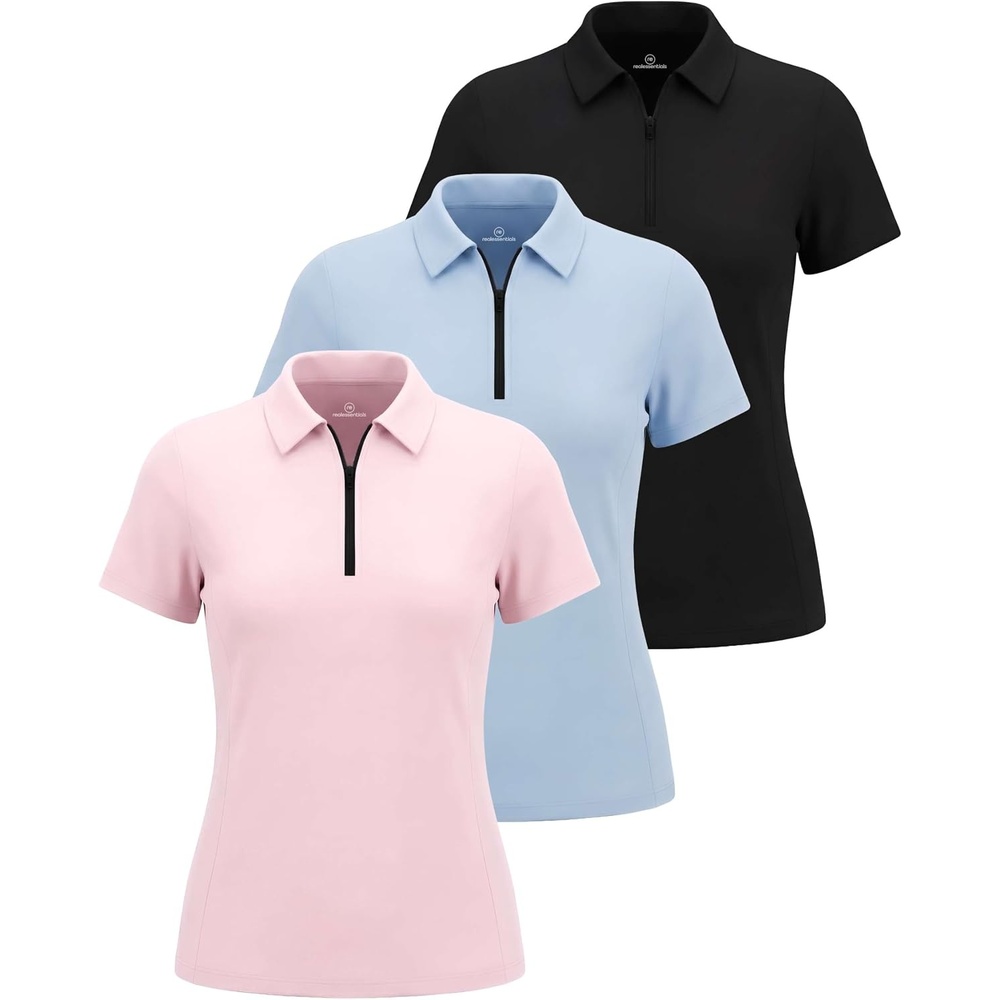 image:image3 Pack Womens Dry Fit Golf Polo Shirts with Zipper Short Sleeve CollaredSolid Black Solid Ballad Blue Solid Pale Lilac