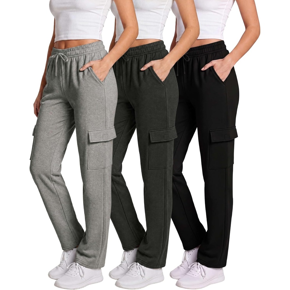 image:image3 Pack Womens Fleece Cargo Sweatpants Lounge Casual Sweat Pants PocketsSolid Black Charcoal Heather Grey Heather