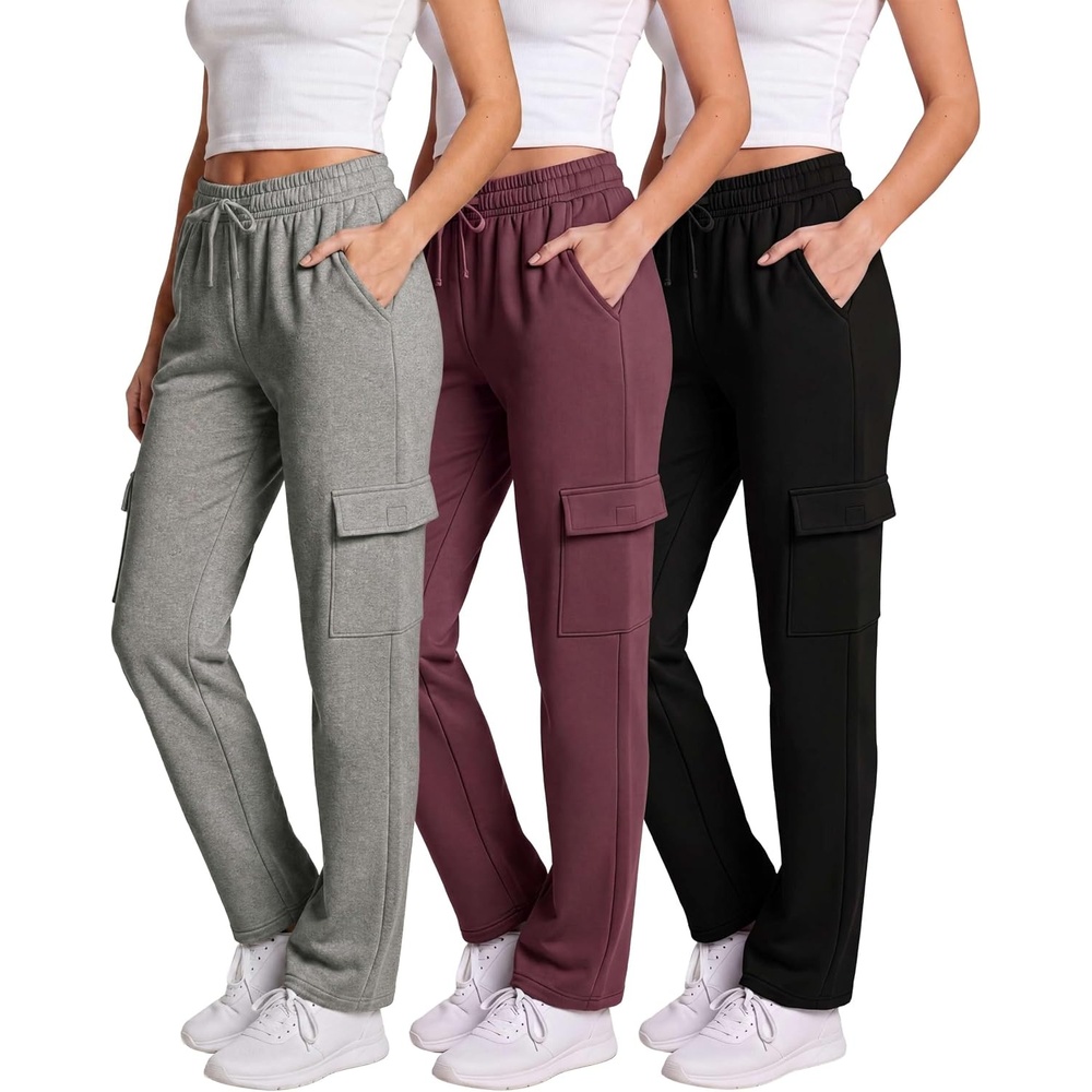 image:image3 Pack Womens Fleece Cargo Sweatpants Lounge Casual Sweat Pants PocketsSolid Black Solid Burgundy Grey Heather