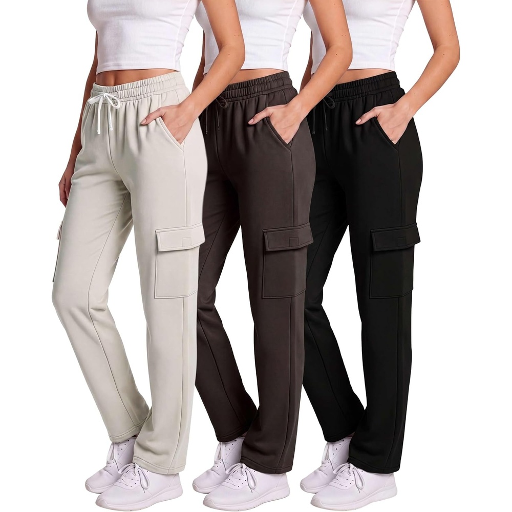 image:image3 Pack Womens Fleece Cargo Sweatpants Lounge Casual Sweat Pants PocketsSolid Black Solid Chocolate Torte Solid Moonbeam