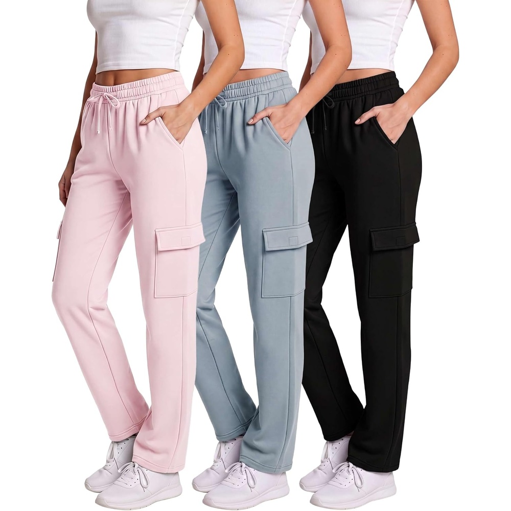 image:image3 Pack Womens Fleece Cargo Sweatpants Lounge Casual Sweat Pants PocketsSolid Black Solid Citadel Solid Pale Lilac