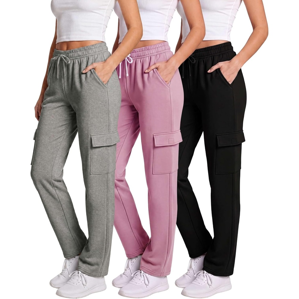 image:image3 Pack Womens Fleece Cargo Sweatpants Lounge Casual Sweat Pants PocketsSolid Black Solid Moonlight Mauve Grey Heather