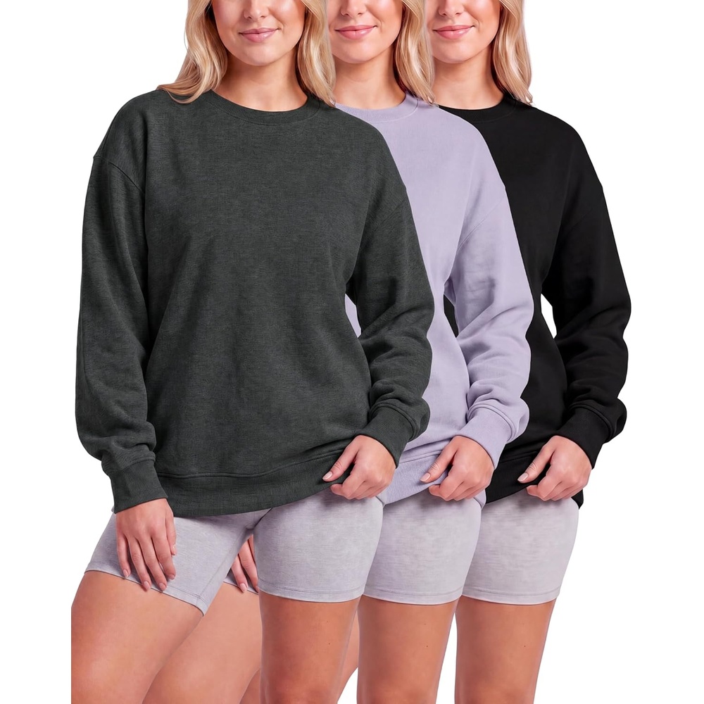 image:imageReal Essentials Ladies LS Fleece Oversized Crew Neck SweatshirtSolid Black Charcoal Heather Solid Orchid Petal