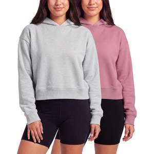 2 Pack Women’s Cropped Hoodies Crop Sweatshirt Ladies Fleece Pullover Top(Grey Heather  Solid Cashmere Rose)