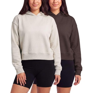 2 Pack Women’s Cropped Hoodies Crop Sweatshirt Ladies Fleece Pullover Top(Solid Chocolate Torte  Solid Moonbeam)