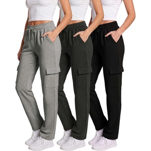 3 Pack Women’s Fleece Cargo Sweatpants Lounge Casual Sweat Pants Pockets(Solid Black  Charcoal Heather  Grey Heather)
