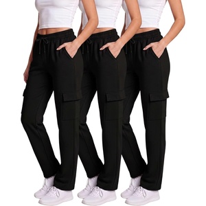 3 Pack Women’s Fleece Cargo Sweatpants Lounge Casual Sweat Pants Pockets(Solid Black  Solid Black  Solid Black)