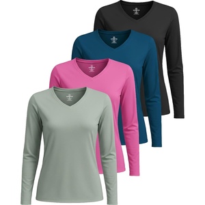4 Pack Women’s Dry Fit Long Sleeve V Neck Tops Workout Athletic Tees Shirts(Set 2)