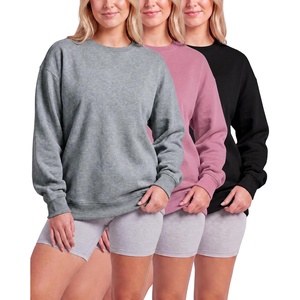 Real Essentials Ladies LS Fleece Oversized Crew Neck Sweatshirt(Solid Black  Solid Cashmere Rose  Grey Heather)