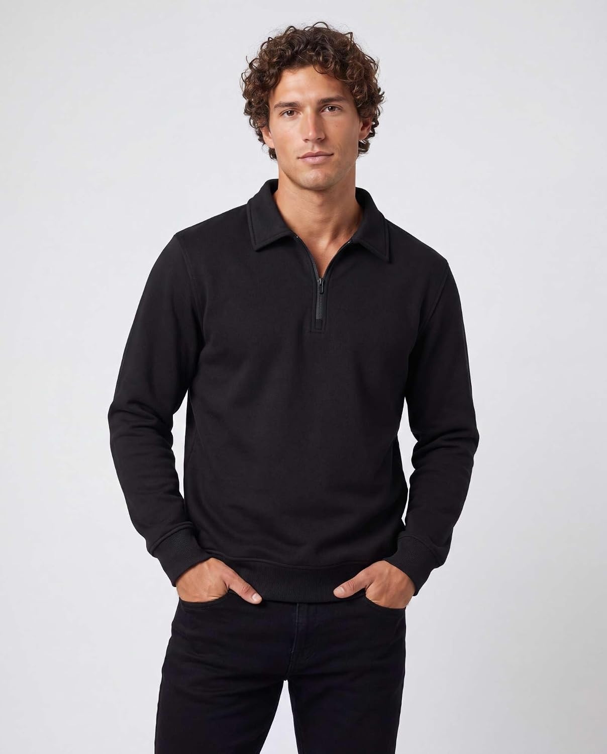 image:image2 Pack Mens Fleece Quarter Zip Sweatshirt Sweater Collared Long Sleeve TopSolid Black Solid Black