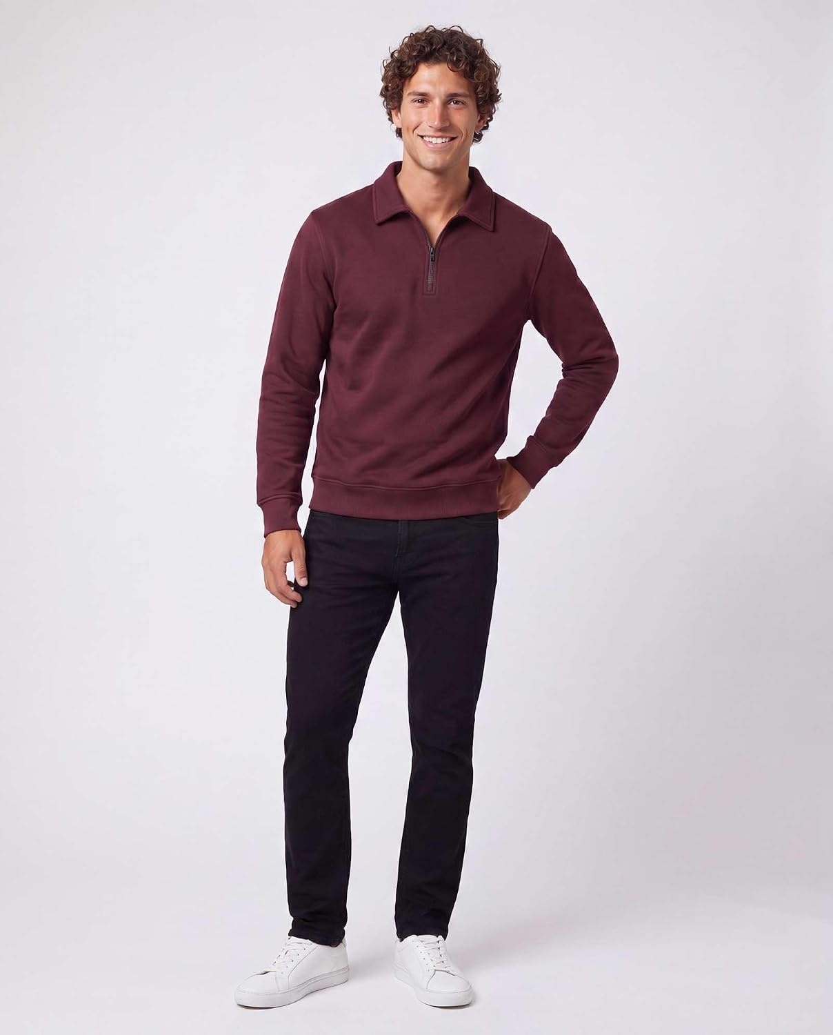 image:image2 Pack Mens Fleece Quarter Zip Sweatshirt Sweater Collared Long Sleeve TopSolid Burgundy Grey Heather