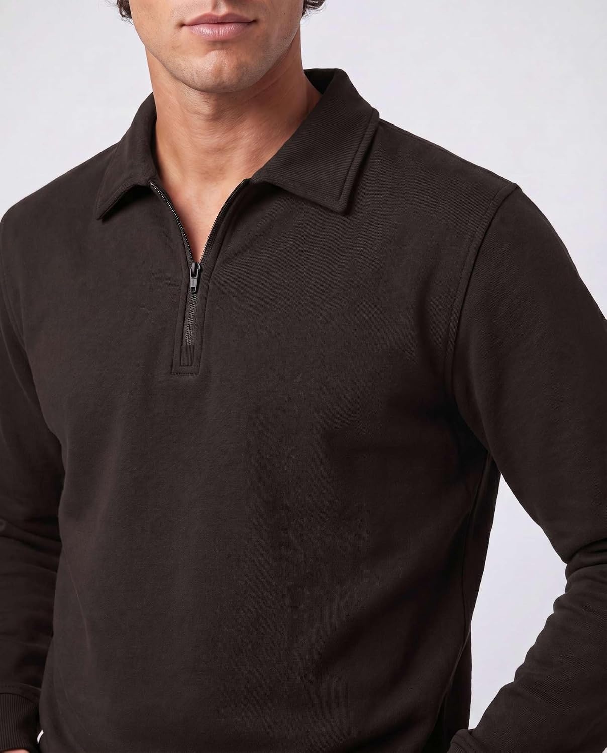 image:image2 Pack Mens Fleece Quarter Zip Sweatshirt Sweater Collared Long Sleeve TopSolid Chocolate Torte Solid Pine Grove