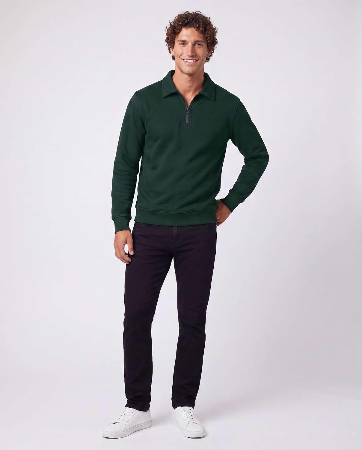 image:image2 Pack Mens Fleece Quarter Zip Sweatshirt Sweater Collared Long Sleeve TopSolid Chocolate Torte Solid Pine Grove